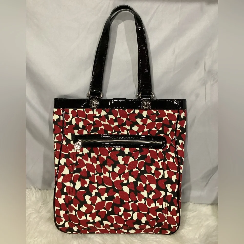Tory Burch Red Hearts Canvas with Black Patent Leather Tote Shopper EUC